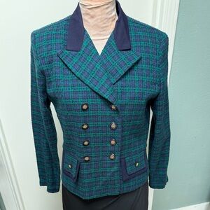 Vintage Green and Blue black watch Plaid Double-Breasted Preppy Blazer L